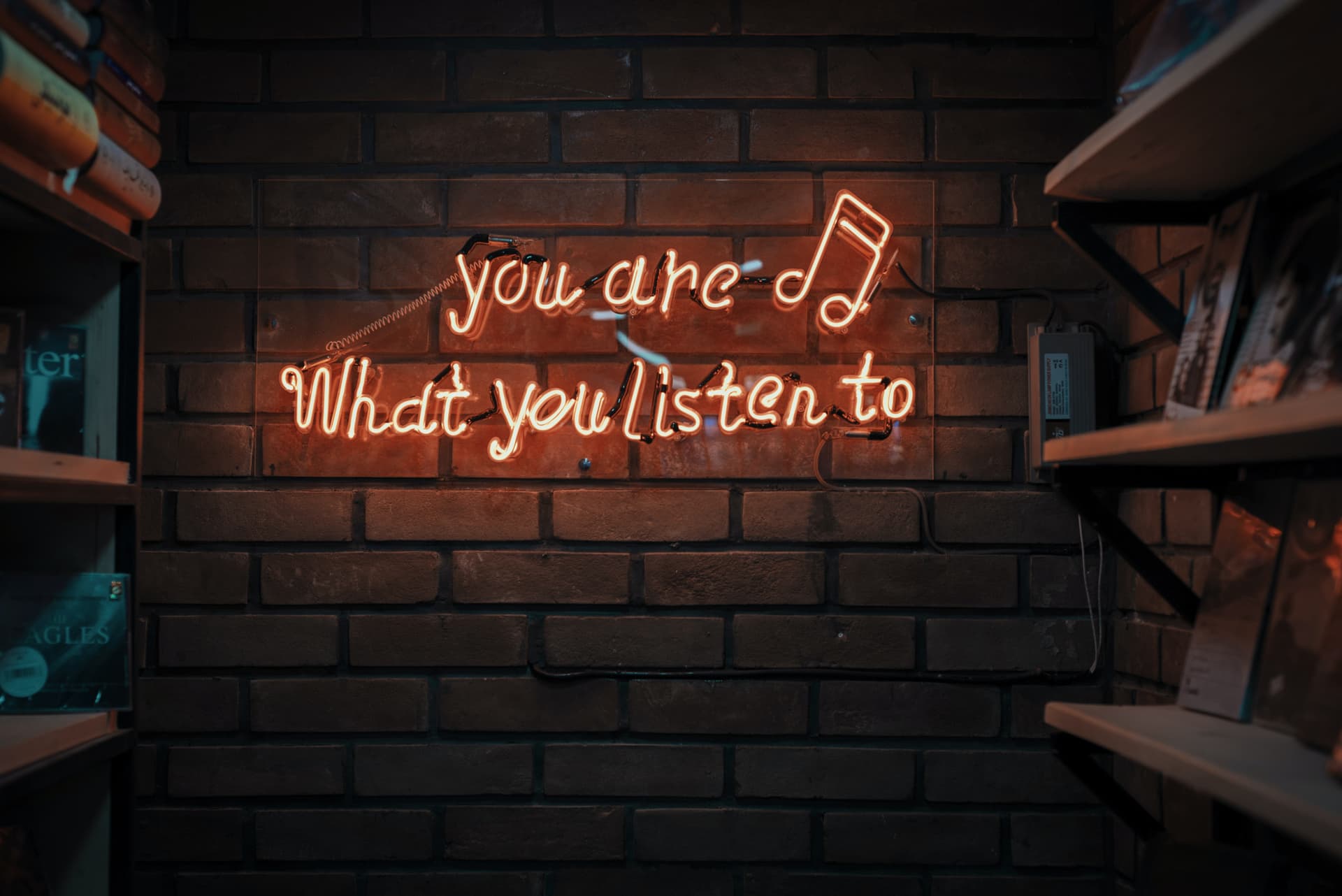 A picture of an indoor brick wall, with vinyl records on some shelves on each side, and a text written in neon lights: "You are what you listen to"